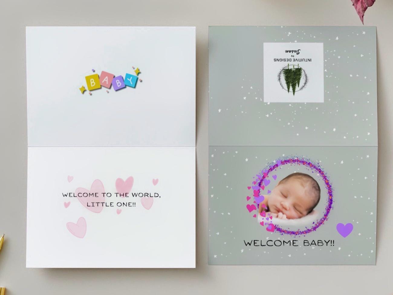 Welcome Baby Card: Newborn, Pink & Purple Wreath