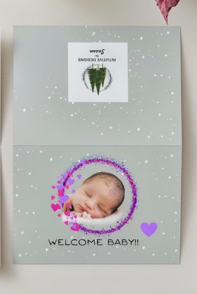 Welcome Baby Card: Newborn, Pink & Purple Wreath