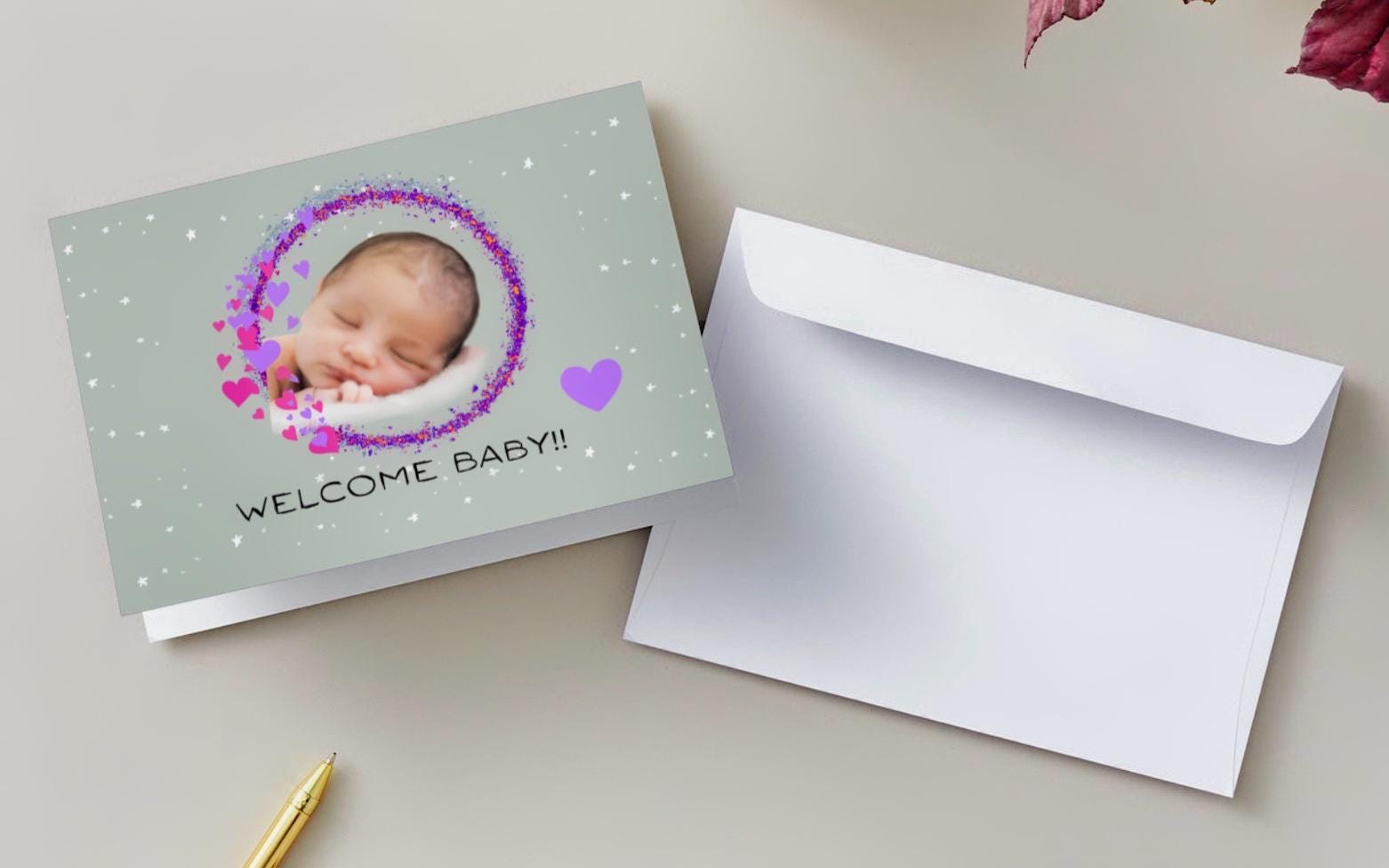 Welcome Baby Card: Newborn, Pink & Purple Wreath