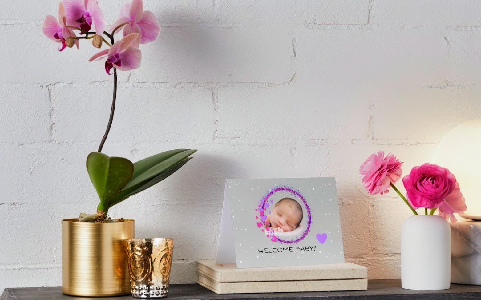 Welcome Baby Card: Newborn, Pink & Purple Wreath