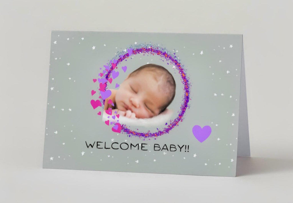 Welcome Baby Card: Newborn, Pink & Purple Wreath